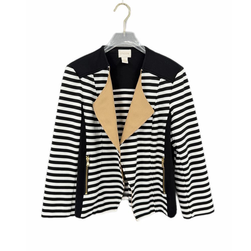 Chico’s Sz 0 Black & White Stripe Tan Ponte Knit Slim Fit Blazer Moto Jacket - Picture 7 of 12